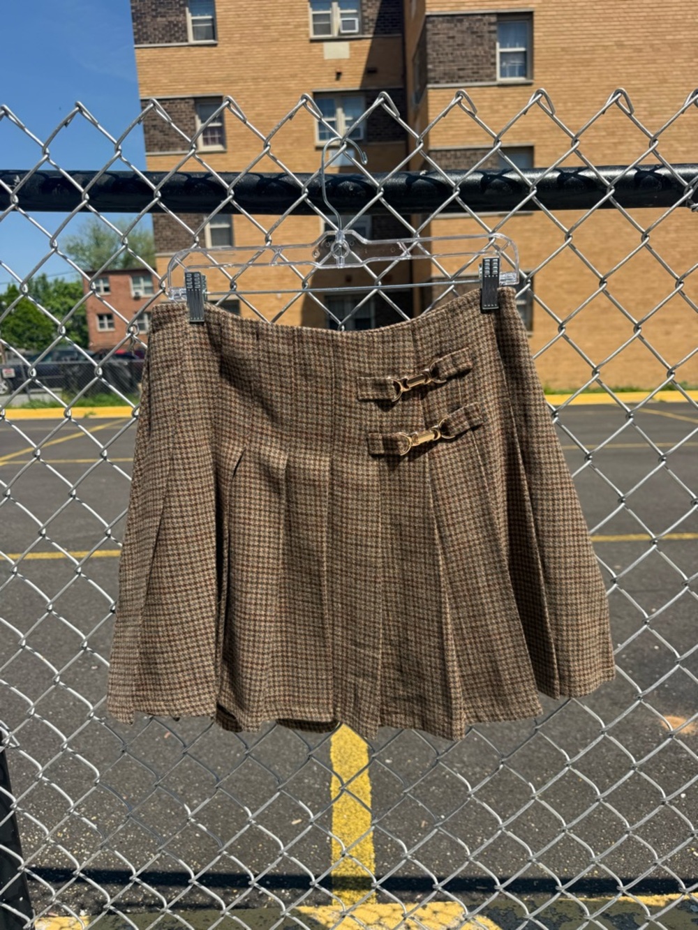 Avec Les Filles Brown Plaid Skater Mini Skirt with Buckle Straps